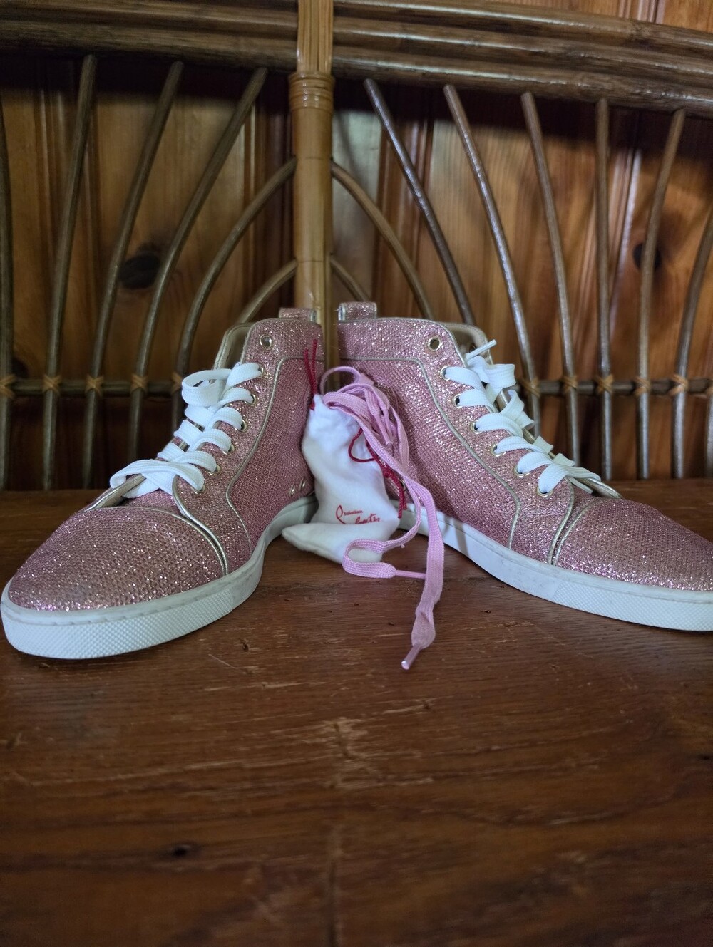 Christian Louboutin Sparkly Pink High Top Sneakers with Hot Pink Laces - Picture 4 of 16